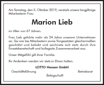 Traueranzeige von Marion Lieb von vrm-trauer