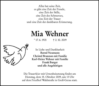 Traueranzeige von Mia Wehner von vrm-trauer