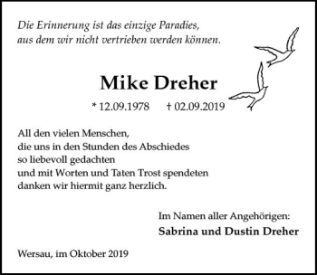 Traueranzeige von Mike Dreher von vrm-trauer