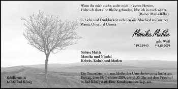 Traueranzeige von Monika Mahla von vrm-trauer