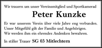 Traueranzeige von Peter Kunzke von vrm-trauer