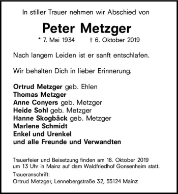 Traueranzeige von Peter Metzger von vrm-trauer