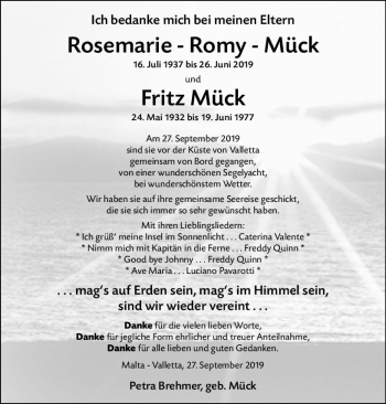 Traueranzeige von Rosemarie Romy Mück von vrm-trauer