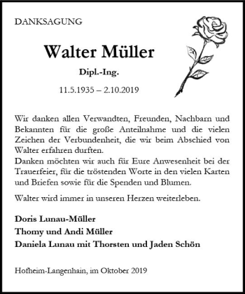 Traueranzeige von Walter Müller von vrm-trauer