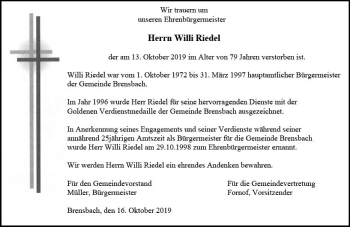 Traueranzeige von Willi Riedel von vrm-trauer