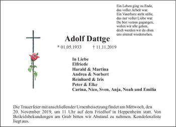 Traueranzeige von Adolf Dattge von vrm-trauer