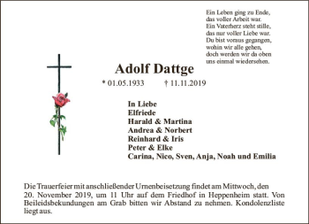 Traueranzeige von Adolf Dattge von vrm-trauer