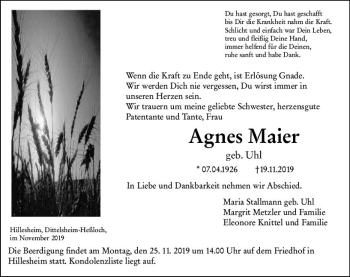 Traueranzeige von Agnes Maier von vrm-trauer