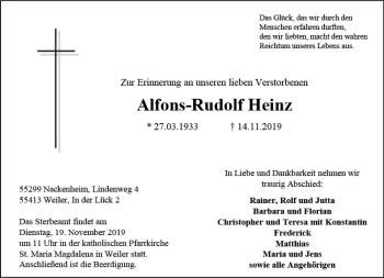 Traueranzeige von Alfons-Rudolf Heinz von vrm-trauer