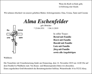 Traueranzeige von Alma Eschenfelder von vrm-trauer