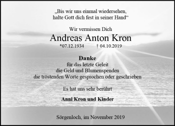 Traueranzeige von Andreas Anton Kron von vrm-trauer