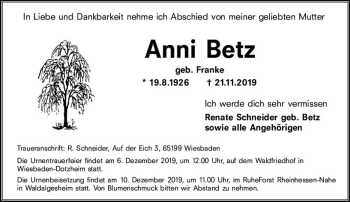Traueranzeige von Anni Betz von vrm-trauer