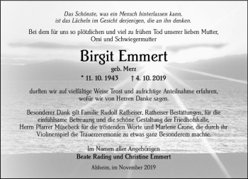 Traueranzeige von Birgit Emmert von vrm-trauer