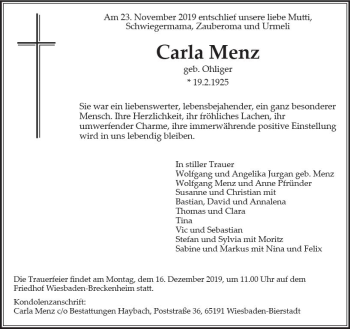 Traueranzeige von Carla Menz von vrm-trauer