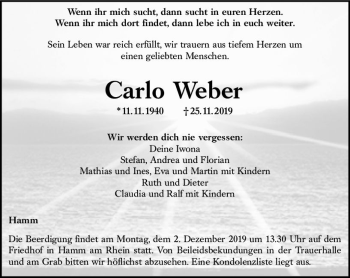 Traueranzeige von Carlo Weber von vrm-trauer