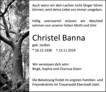 Traueranzeige von Christel Banna von vrm-trauer