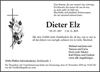 Traueranzeige von Dieter Elz von vrm-trauer