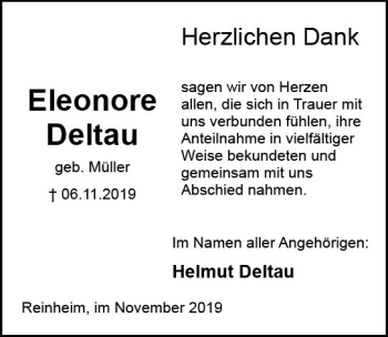 Traueranzeige von Eleonore Deltau von vrm-trauer