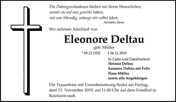 Traueranzeige von Eleonore Deltau von vrm-trauer