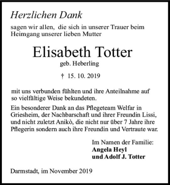 Traueranzeige von Elisabeth Totter von vrm-trauer