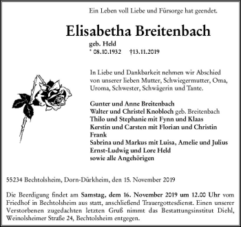 Traueranzeige von Elisabetha Breitenbach von vrm-trauer