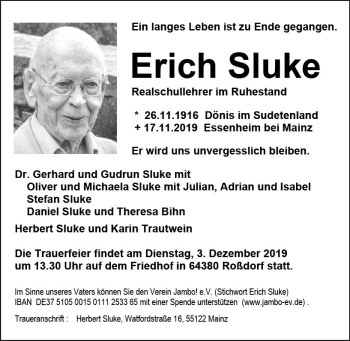 Traueranzeige von Erich Sluke von vrm-trauer