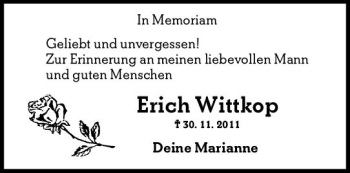 Traueranzeige von Erich Wittkop von vrm-trauer