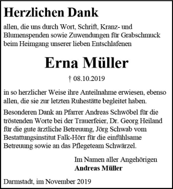 Traueranzeige von Erna Müller von vrm-trauer