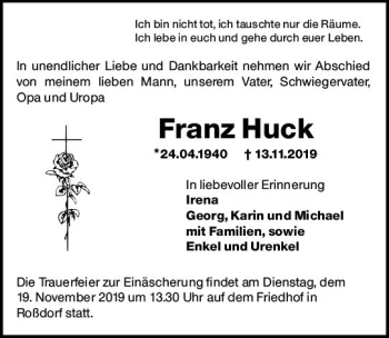 Traueranzeige von Franz Huck von vrm-trauer