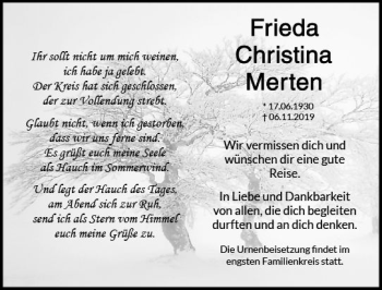 Traueranzeige von Frieda Christina Merten von vrm-trauer