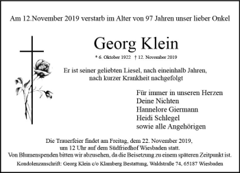 Traueranzeige von Georg Klein von vrm-trauer