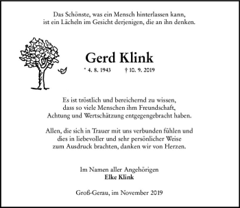 Traueranzeige von Gerd Klink von vrm-trauer