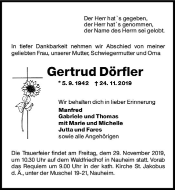 Traueranzeige von Gertrud Dörfler von vrm-trauer