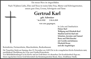 Traueranzeige von Gertrud Karl von vrm-trauer