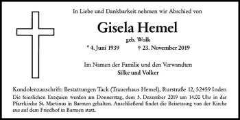 Traueranzeige von Gisela Hemel von vrm-trauer