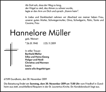 Traueranzeige von Hannelore Müller von vrm-trauer