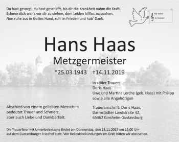 Traueranzeige von Hans Haas von vrm-trauer