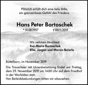 Traueranzeige von Hans Peter Bartoschek von vrm-trauer