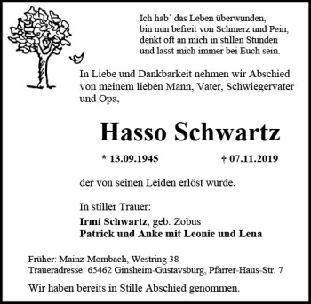 Traueranzeige von Hasso Schwartz von vrm-trauer