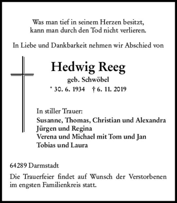 Traueranzeige von Hedwig Reeg von vrm-trauer