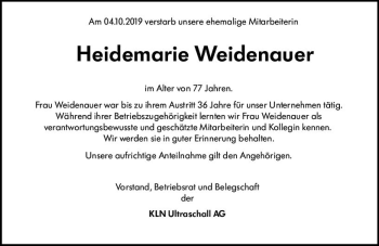 Traueranzeige von Heidemarie Weidenauer von vrm-trauer