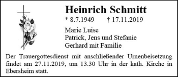 Traueranzeige von Heinrich Schmitt von vrm-trauer