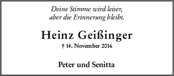 Traueranzeige von Heinz Geißinger von vrm-trauer