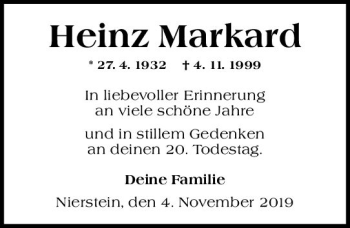 Traueranzeige von Heinz Markard von vrm-trauer