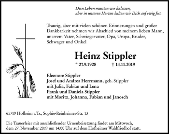 Traueranzeige von Heinz Stippler von vrm-trauer