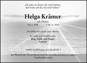Traueranzeige von Helga Krämer von vrm-trauer