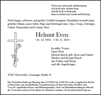 Traueranzeige von Helmut Even von vrm-trauer