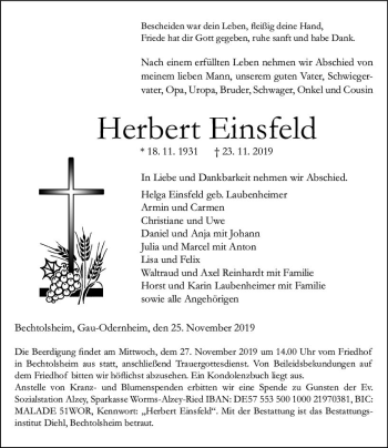 Traueranzeige von Herbert Einsfeld von vrm-trauer