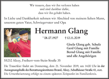 Traueranzeige von Hermann Glang von vrm-trauer