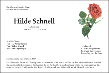 Traueranzeige von Hilde Schnell von vrm-trauer